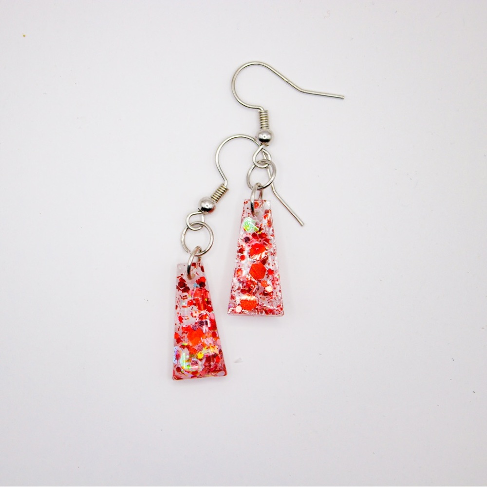 Geometrical Red and White Glitter .5” Resin Earrings with silver Hardware